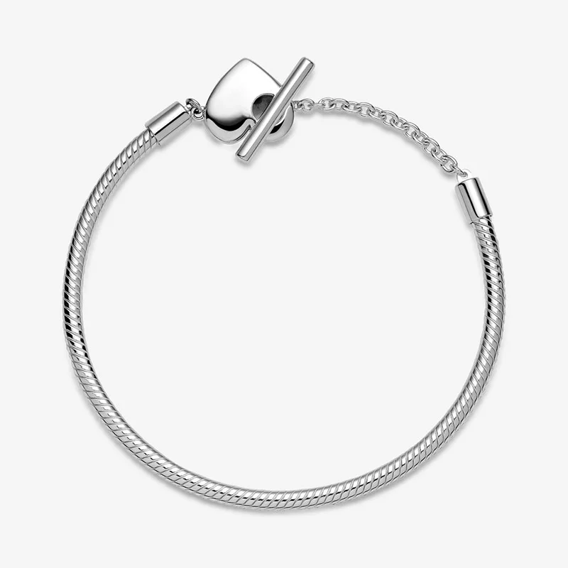 Charms 925 Sterling Solid Silver Bracelet Heart T-Bar Cuff Chain Sparkling Blue Disc Clasp Snake Chain Bracelet Women Jewelry