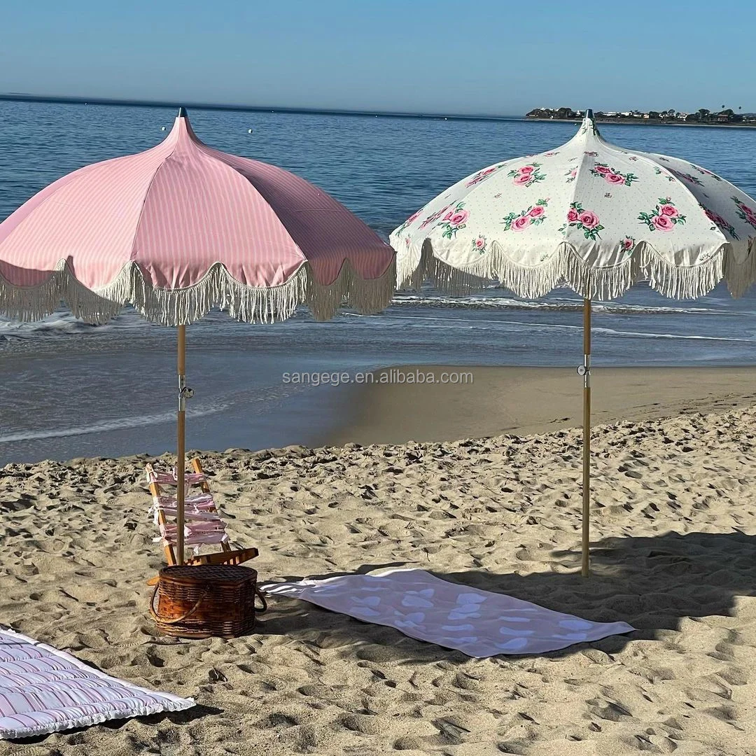 High Quality Luxury Boho Wooden Canvas Outdoor Garden Beach Sun Parasol Canopy White Vintage Fringe Beach Umbrella With Tassels