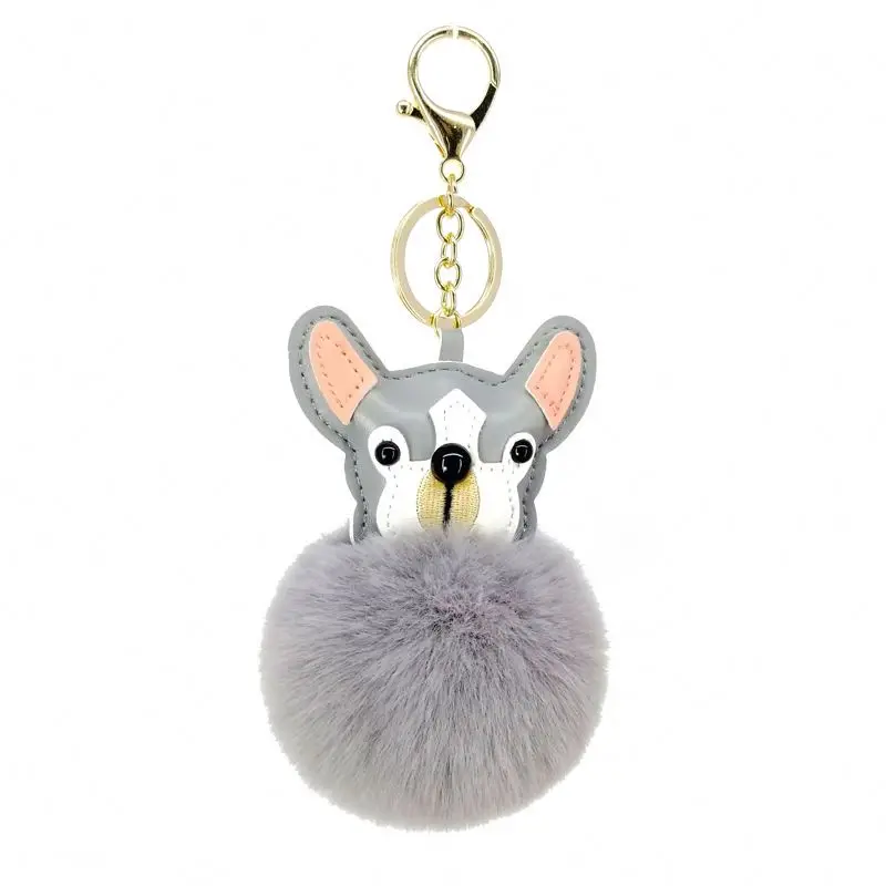 2022 New 70145 Best Selling Fluffy Faux Fur Ball French Bulldog Pug Dog Chain Pompom Key Ring Bag Pendant Purse Charm Women Gift