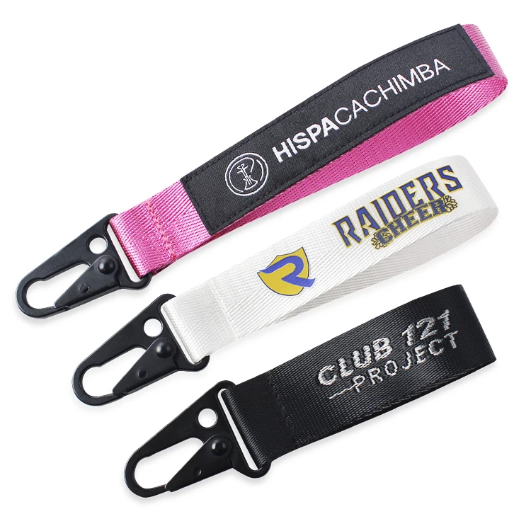 High Quality Fashion Polyester Logo Custom Two Sided Woven Wrist Lanyard Keychain For Keys Short Lanyards