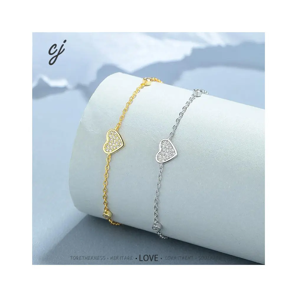 Carline Fashion Jewelry Minimalist 18k Gold Jewelry Heart Charm Zircon Bangle Bracelet 925 Silver Link Bracelet for Women
