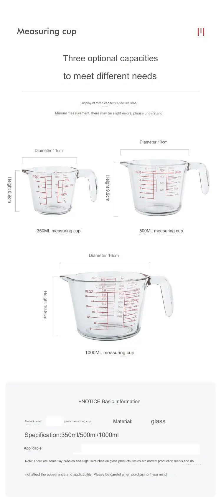 High Borosilicate Glass Measuring Cup Set-V-Shaped Spout Glass Measuring Beaker for Kitchen or Restaurant