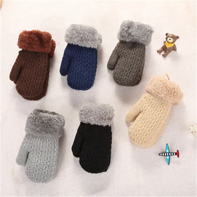 Wholesale Children Knitted Full Finger Gloves Kids Winter Mittens with Fur Cuff  ZJ470