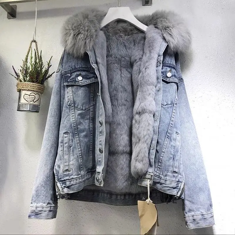 Women Winter Warm Basic Coat Big Fur Collar Denim Jacket Female Cold Motorcycle Jackets Outerwear Fleece Thick Overcoat