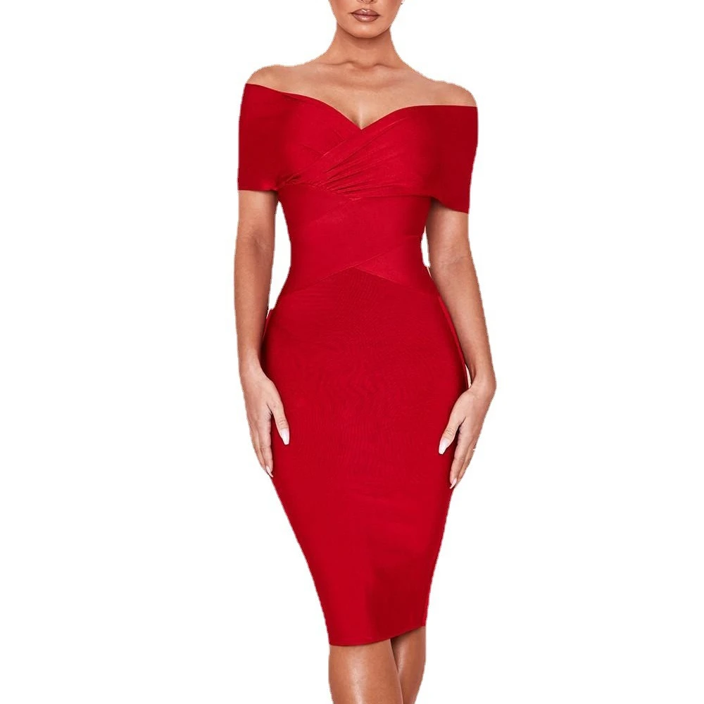 
D8701#New Design Women Summer Solid Color Slim Sexy V-neck Tight Bandage dress Evening Dress 