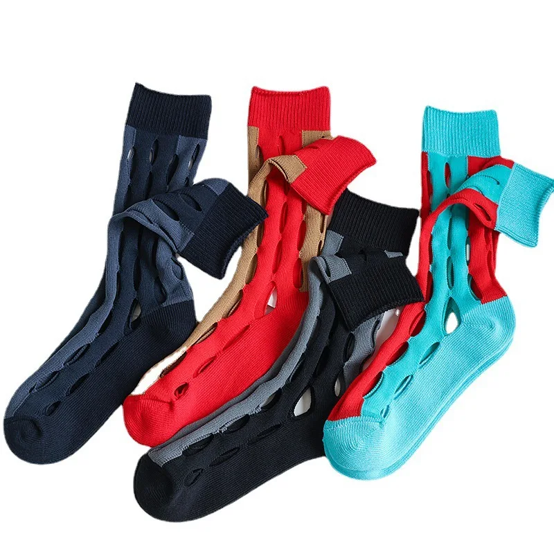 Fashion Contrast color pile Sock Mesh Cotton Women Hollow Tube Socks