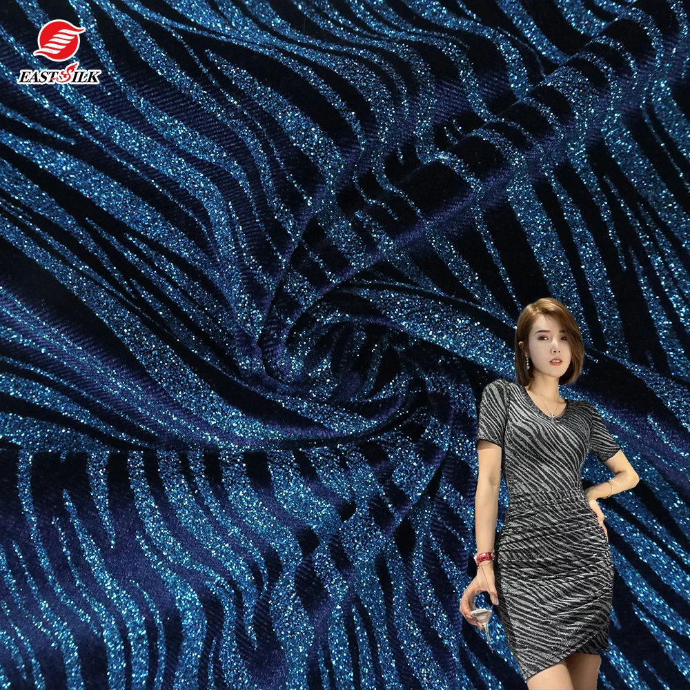 Wholesales shiny black color metallic polyester spandex jersey knit velvet glitter christmas fabric for dress