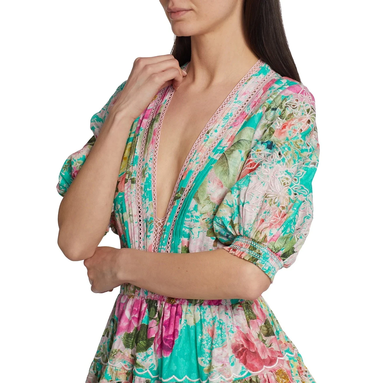 OEM Custom Summer Vintage Pink Chiffon Floral Print Mini Casual Dress Women Puff Sleeve Button Decoration XL Size Cotton Fabric