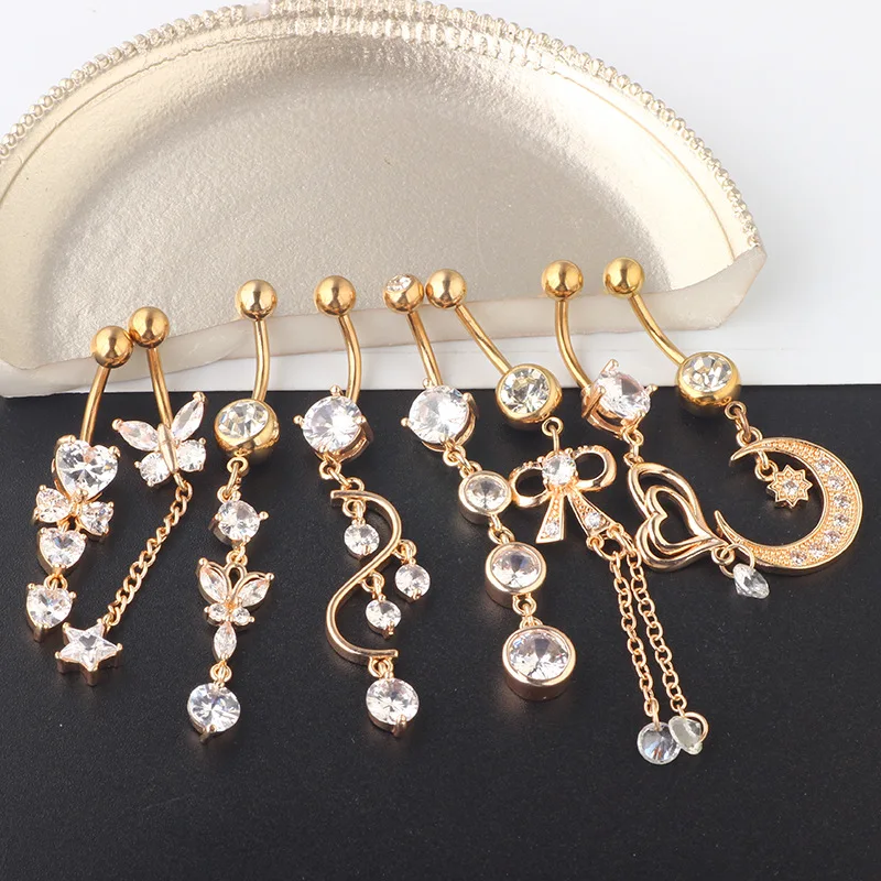 8pcs/set Stainless Steel Butterfly Moon Heart Wing Water Drop Zircon Sexy Belly Ring Navel Piercing Women Button Ring Jewelry