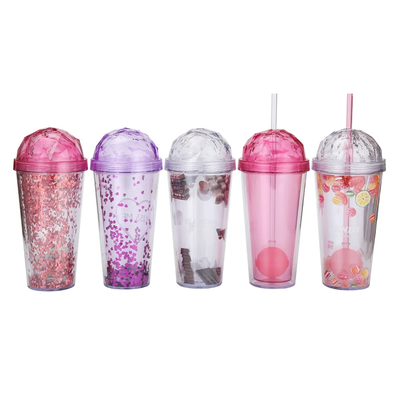 Fancy double wall tumbler plastic tumbler with gold glitter inside