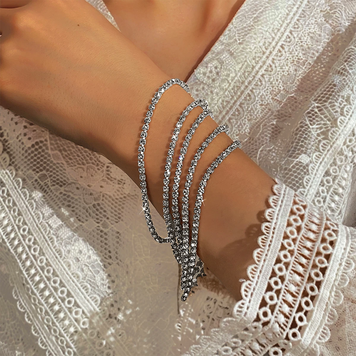 NewTrendy Full Diamond Bling Dainty Tennis Chain Bracelet Set For Women Jewelry Gift Square Crystal Rhinestone Bracelet