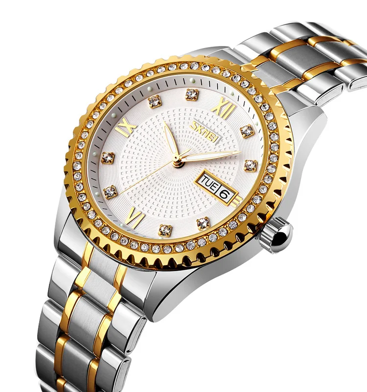 skmei 9221 luminous japan movt diamond quartz wristwatch stainless steel  band luxury  automatic men relojes