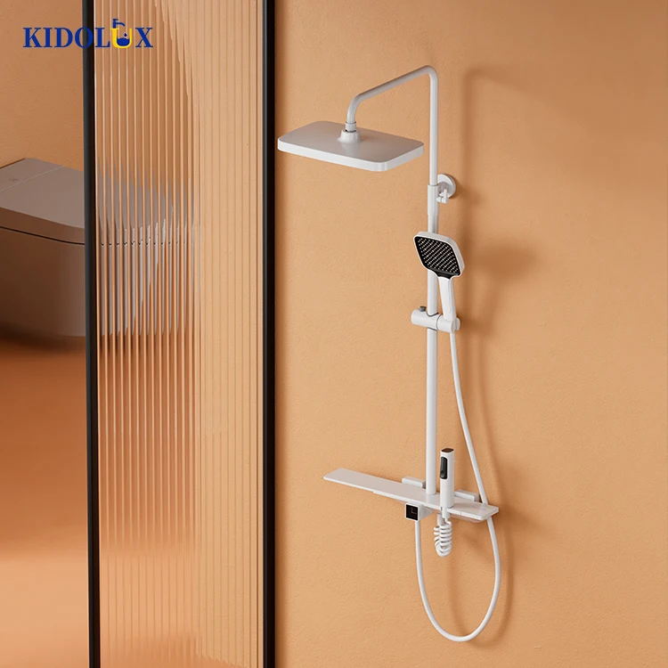 Kidoluxr Rectangular Wall Mounted White Color 4 Functions Shower Set With Shower Head And Handheld Spray Hot Cold Mixer Set