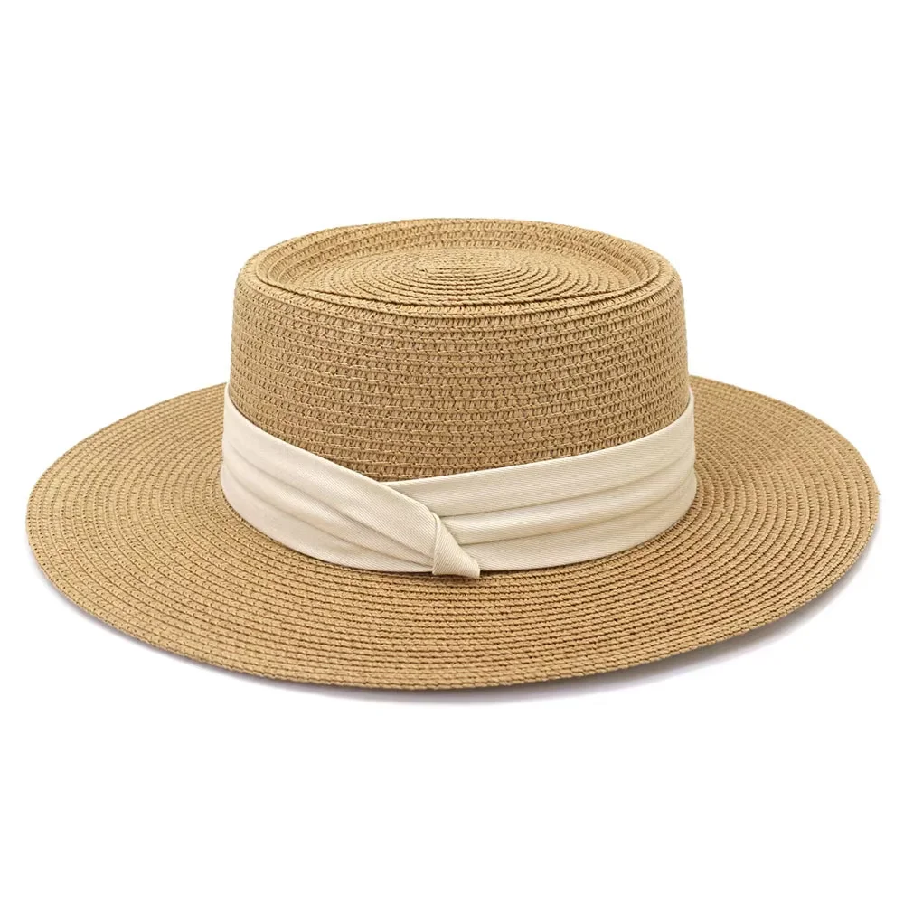 BESTELLA Summer Wide Brim Flat Top Large brim Boater Hat Unisex Wholesale Paper Straw Hat for Beach Casual Outdoor Travel