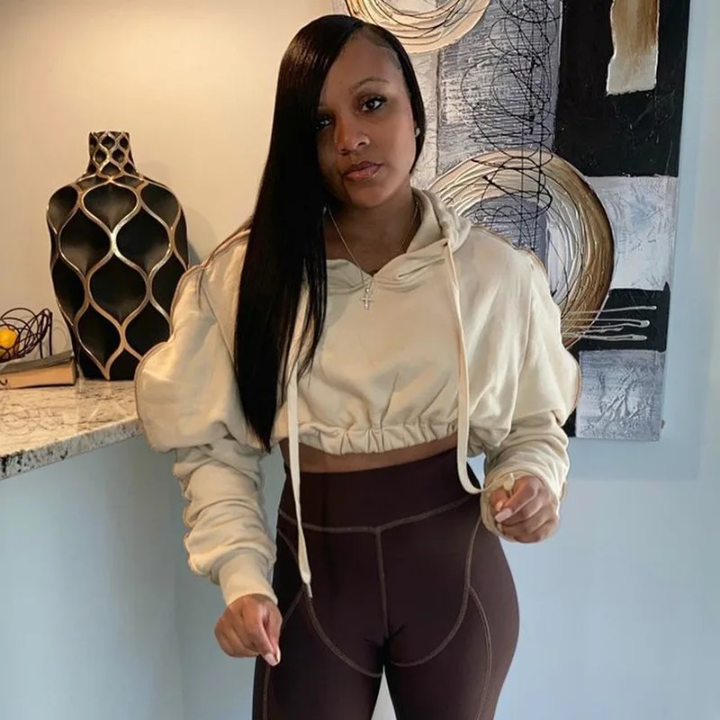  2020 New Style Streetwear Woman Tops Fashionable Puff Sleeve Solid Long Crop Top Hoodie Ladies