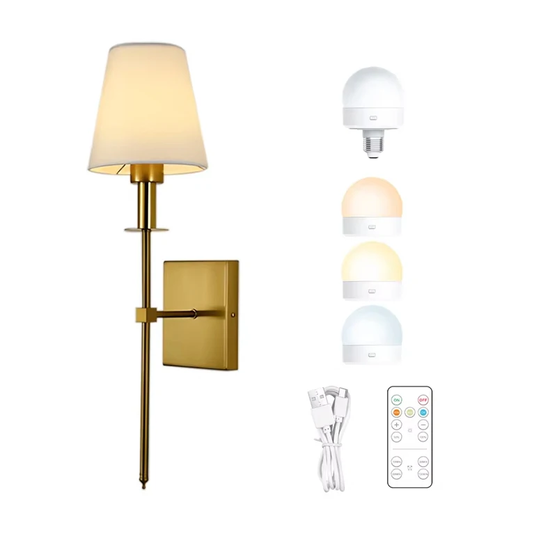 RGB перезаряжаемый E27 светодиодный настенный светильник с железным корпусом бежевый тканевый абажур для внутреннего беспроводного управления гостиной