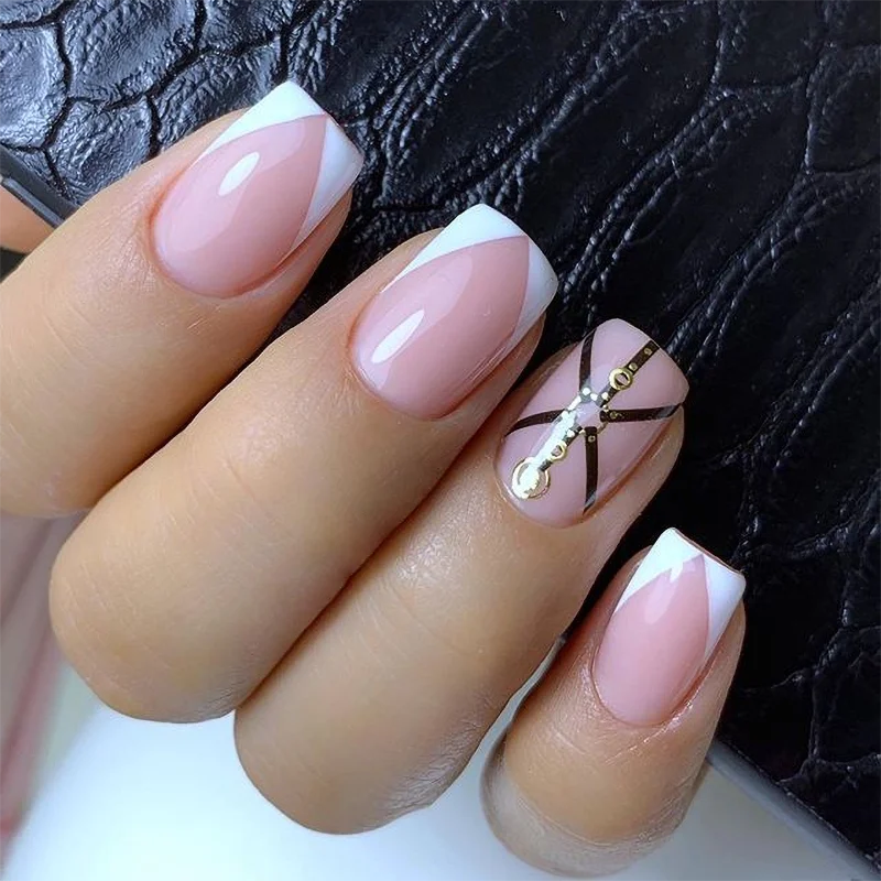 French Tips Design Waterproof Long Lasting False Nails Handmade Rhinestone Design Fake Nails Jewelry Artificial Nails