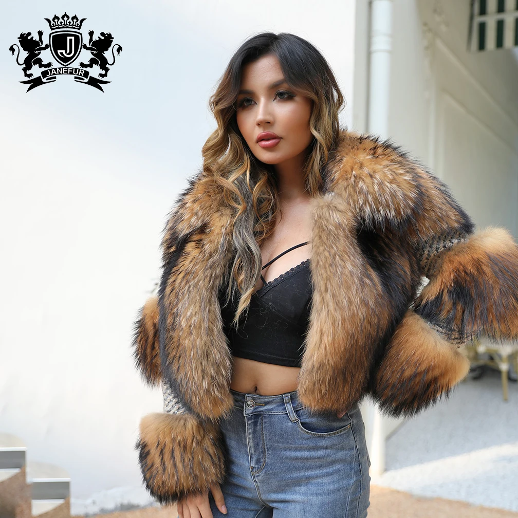 New Arrival Fashion Luxury Cashmere With Natural Raccoon Fur Coat For Women UK Genuine Cropped Fur Jacket
