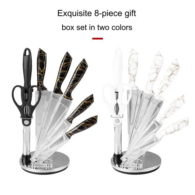 Stainless Steel Chef Knife Kitchen Knife Fruit Scissors Combination Spray Paint Rotating Seat 8-Piece Knife Set