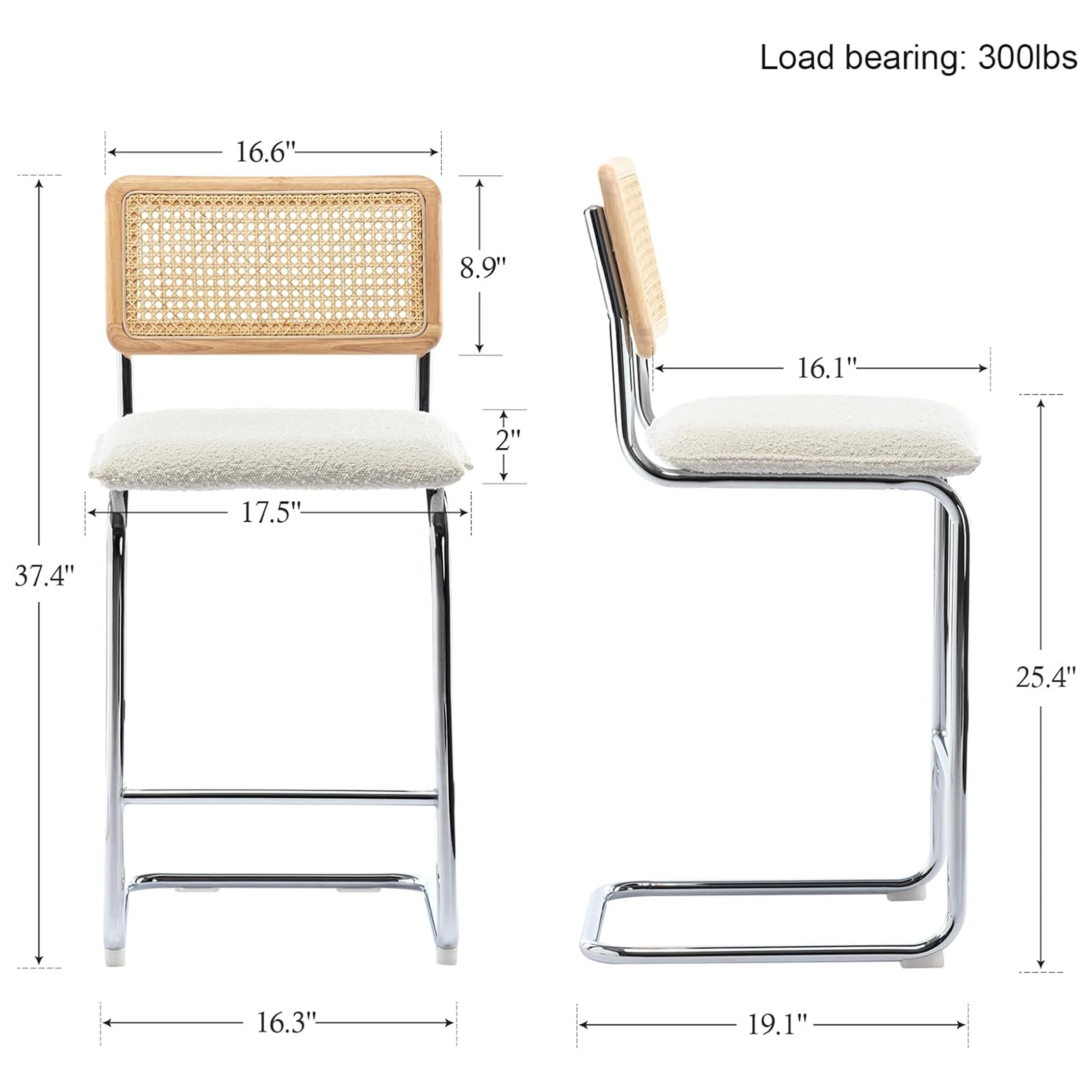 Factory Price Woven Cane Backrest Boucle Fabric Cushion Counter High Bar Stool Chair with Chrome Metal Legs