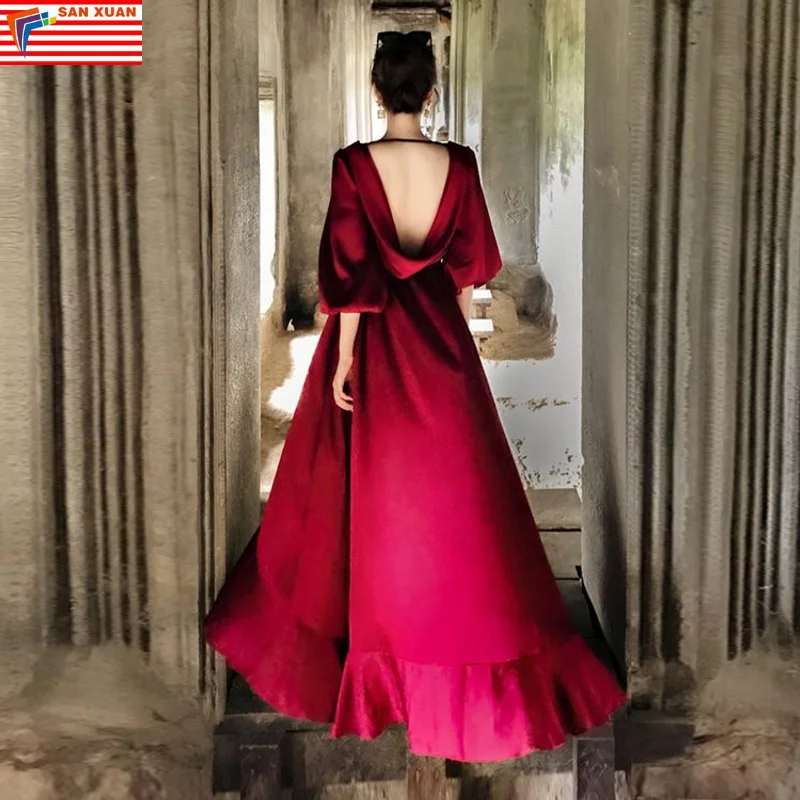 Open back dress long sleeve seaside vacation beach ankle long dress