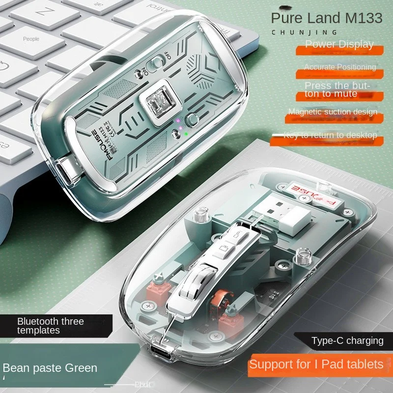 Wireless Gaming Mouse Full Transparent Double Mode 2.4G BT Ergonomic Silent Rechargeable PC Mac Computer Mice