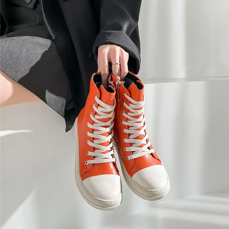 New cross-boundary Autumn/Winter 2022 orange high-top shoes with thick soles candy colored student shoes lace-up casual sneaker