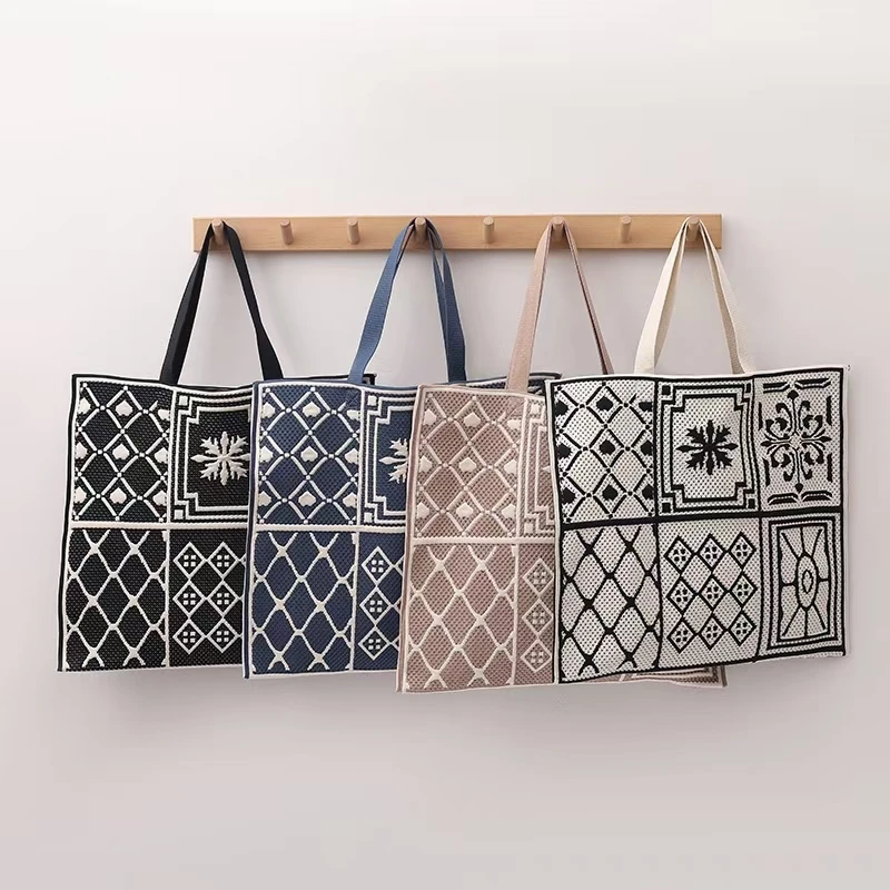 2024 Fashion Girls Stylish Knitted Handbag Large Capacity Poly Geometric Pattern Shopping Tote Bag