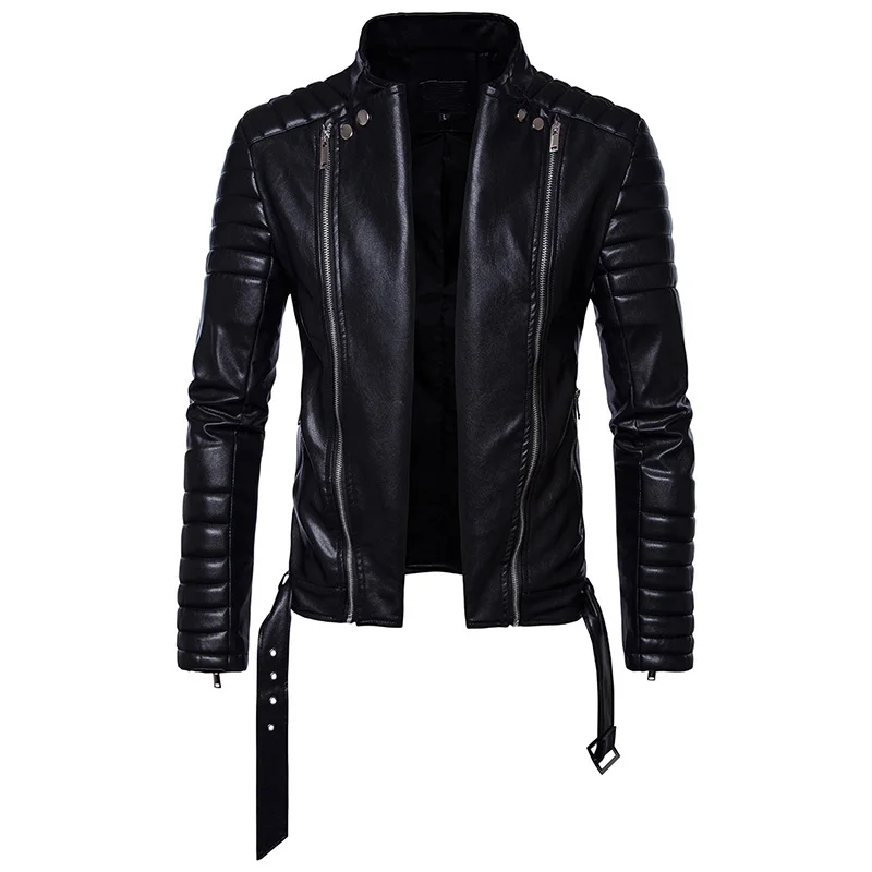 
Wholesale Fashion Mens Side Zippers Up Locomotive PU Faux Leather Jaket jaqueta couro masculina Black Moto Bike Leather Coat 