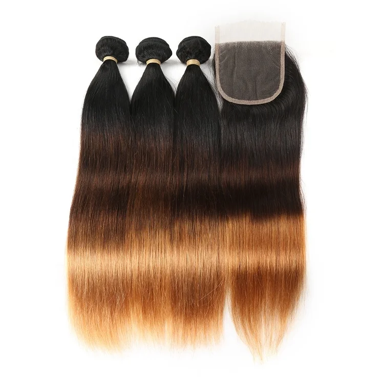 1B/99J Ombre Straight Hair 3 Bundles 100% Virgin Human Hair Extension 1B99J Color 3Bundles With 4x4 Transparent Lace Closure