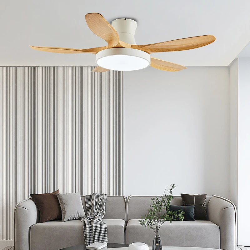 Wooden Blades Modern Ceiling Fan Light 3 Colors LED Dimming Lamp Remote Control 52 Inch 5 Gua Home Office DC Copper Motor 100