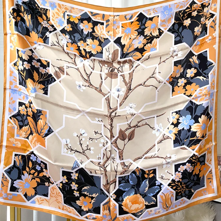 Designer 100% silk scarf custom print silk satin  square scarf for woman screen print silk scarves