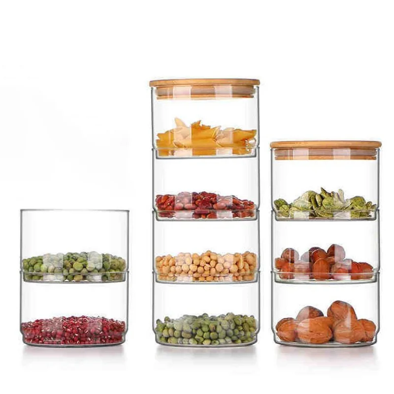 High borosilicate multilayer  stackable stack glass jar food storage bottles with bamboo lid