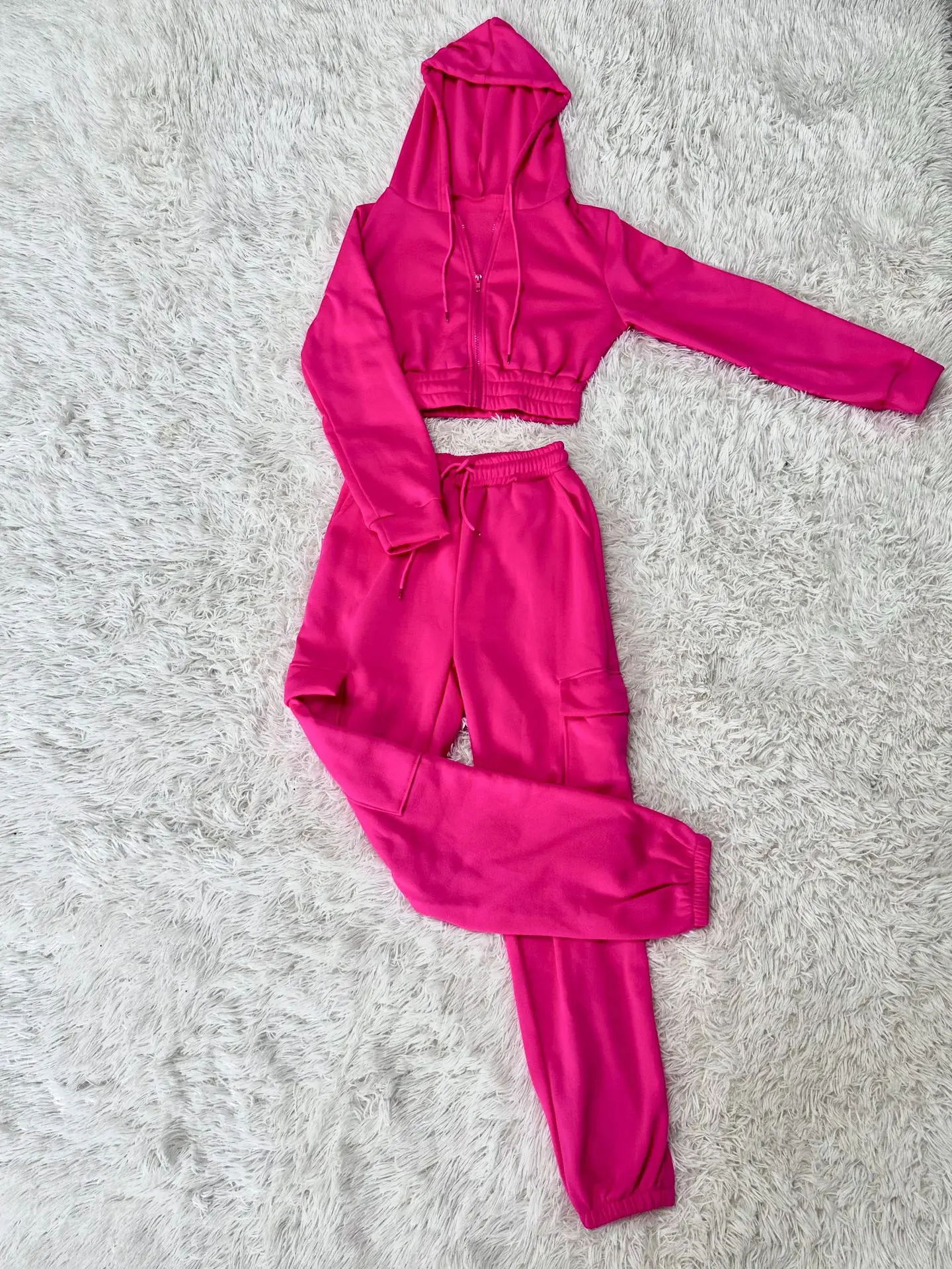 2023 Winter New Women Jogger Set Long Sleeve Fleece Thick Sweatsuits Two Pieces Cargo Pants And Zip Up Hoodie Set