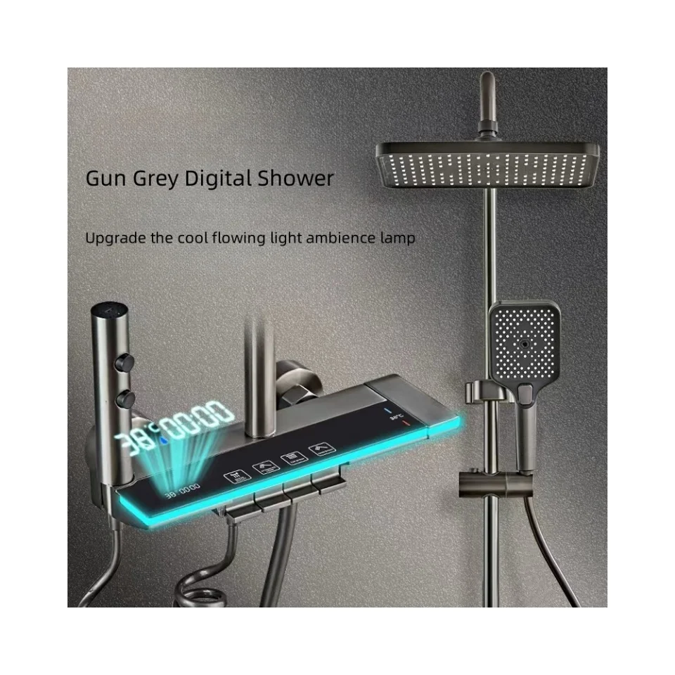 Bathroom Full Copper Shower Head Set with 5-Color Ambient Light Bath Booster Spray Thermostat Shower System