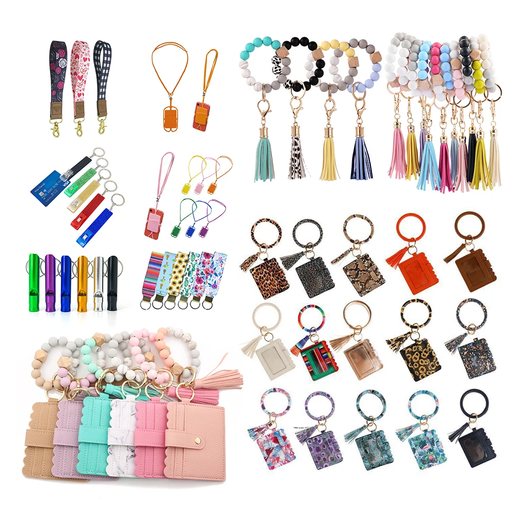 Custom Metal Rubber Key Rings Wristlet Keychain Set Silicone Beaded Bracelet Key Chain