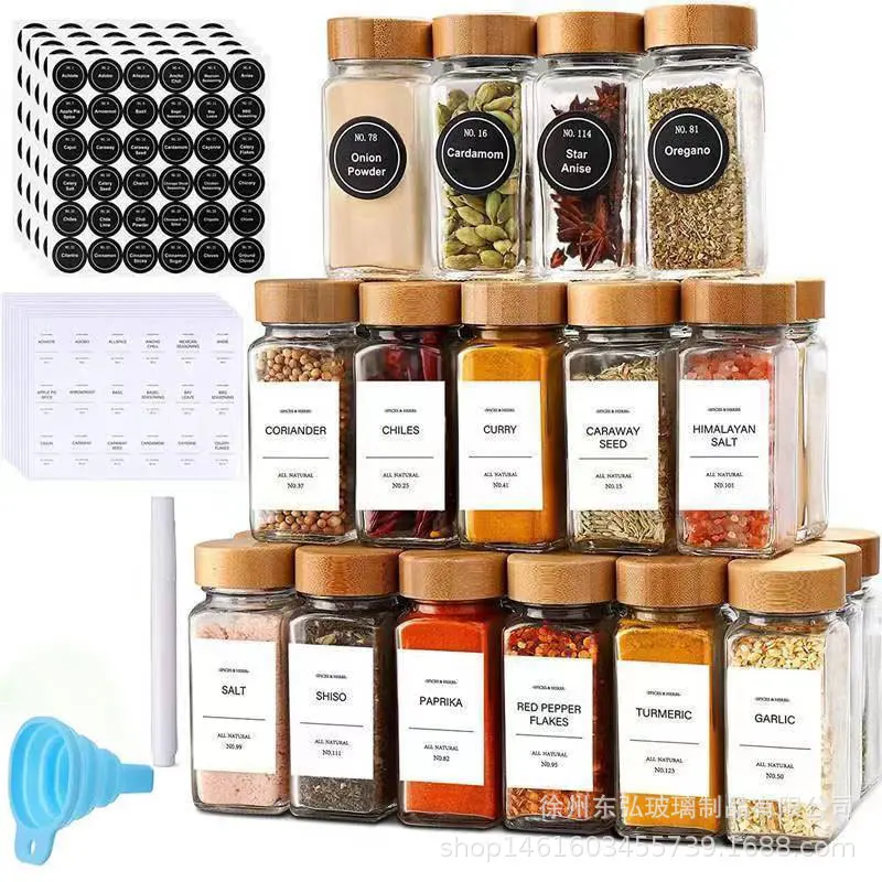 Glass Bamboo Wooden Lid Shaker Lids and White Labels Sticker 120ml 4oz Square 24 Pcs Glass Spice Jars Bottles Set