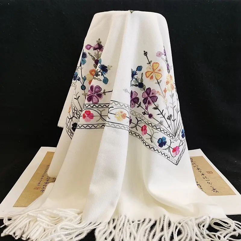 Luxury Ethnic Embroidered Pashmina Shawl Multicolored Hijab with Long Floral Design Fashionable Warm Cashmere Scarf Muslim Women