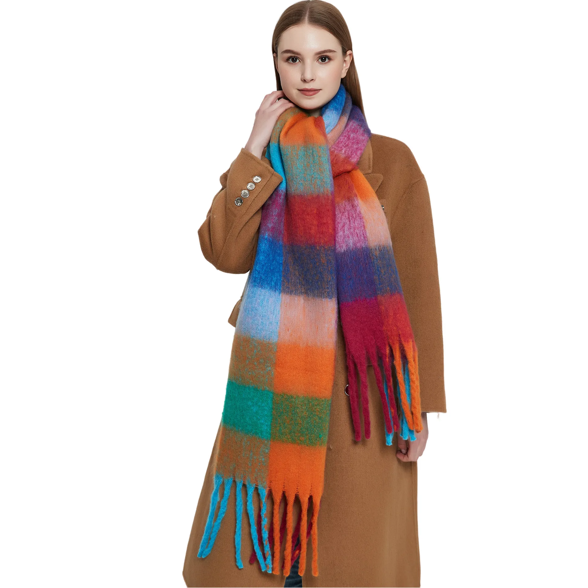 Custom Winter new fashion loop yarn thickened shawl mohair thick whisker colorful grid scarf for women luxury