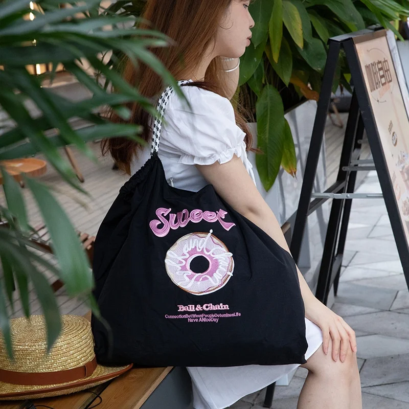 Embroidered Eco-friendly Shopping Bag Foldable Single Shoulder Canvas Crossbody