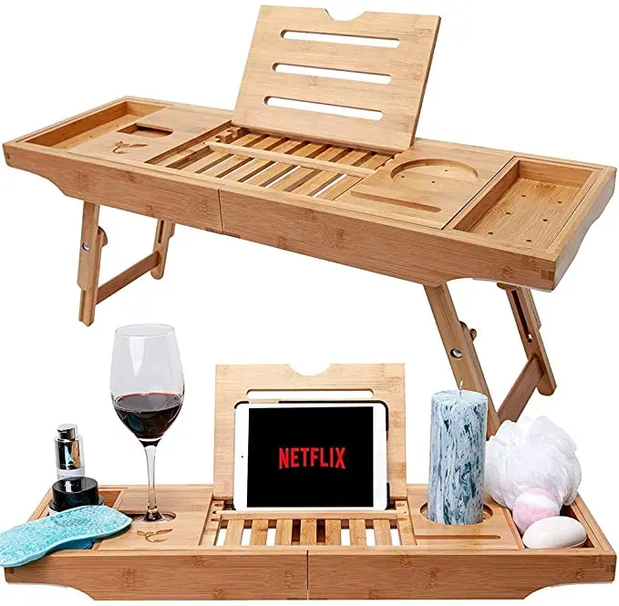 Bamboo Bathtub Caddy Bath Tub Tray Bridge Shower Shelves Organizer Tray With Stand Foot Bathtub Caddy & Laptop Bed Desk