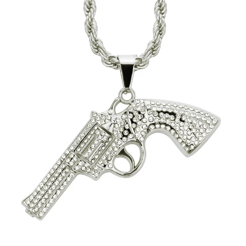  Hip hop twist chain with alloy and diamond pistol pendant