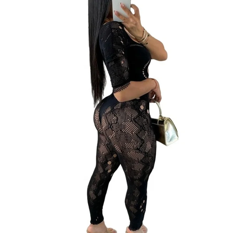 New Women Hollow Out Short-sleeved Lace Sexy Slim-fit One-piece Knitting Short-sleeved Jumpsuits
