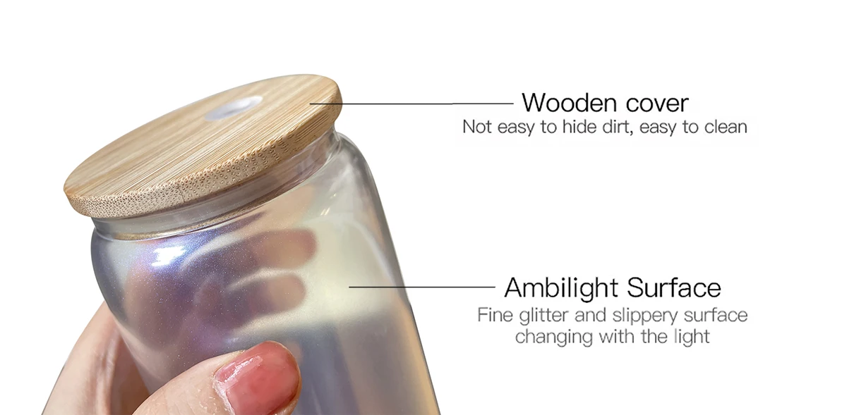 Hot Sale US Warehouse 16oz clear coffee soda shaped beer Sublimation iridescent Glass can with bamboo  lid and plastic straw