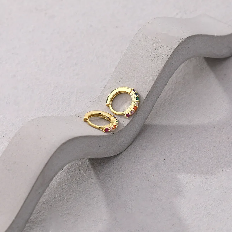 Wish Jewelry Ins Style Sterling Silver Colorful Zircon Hoop Earrings Ear Buckle Gold S925 Silver Rainbow CZ Clip on Earring for Ladies