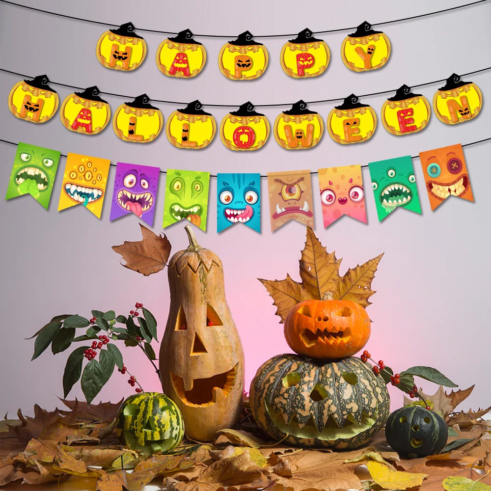 2022 Halloween Banner Party Decoration Cute Halloween Garland Banner with Foil Swirl Ceiling Hanging Cards Bat Spider sticker