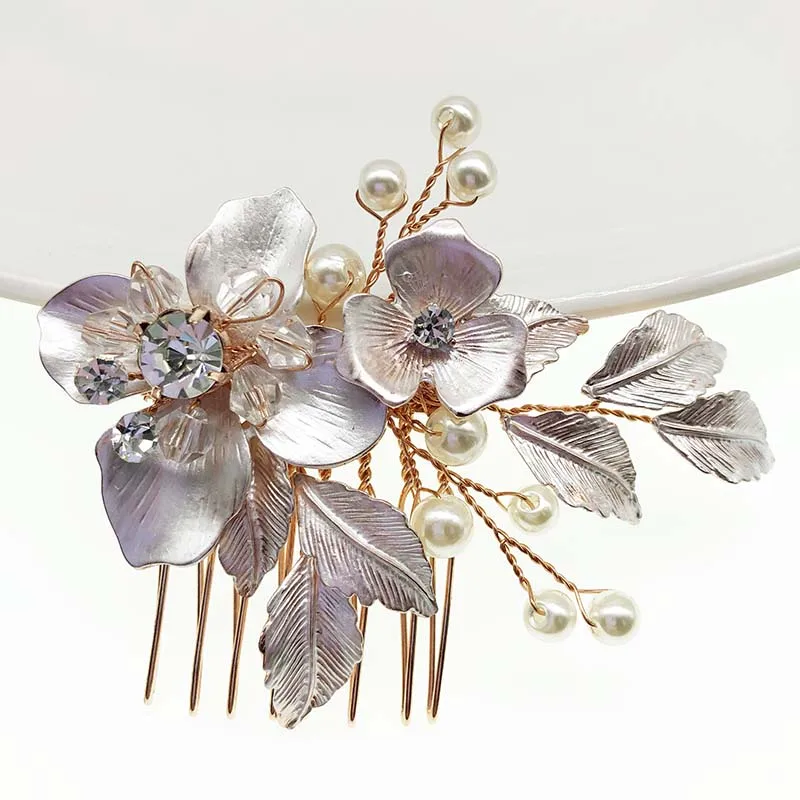 SHSS2074  handmade pearl bridal hair comb leaf branch gold wedding hair clip bride accessories
