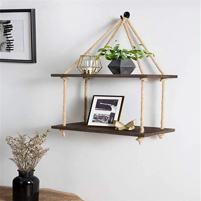 Custom Easy To Install Home Decor Rope Black Walnut Wooden Wall Hanging Floating Shelve