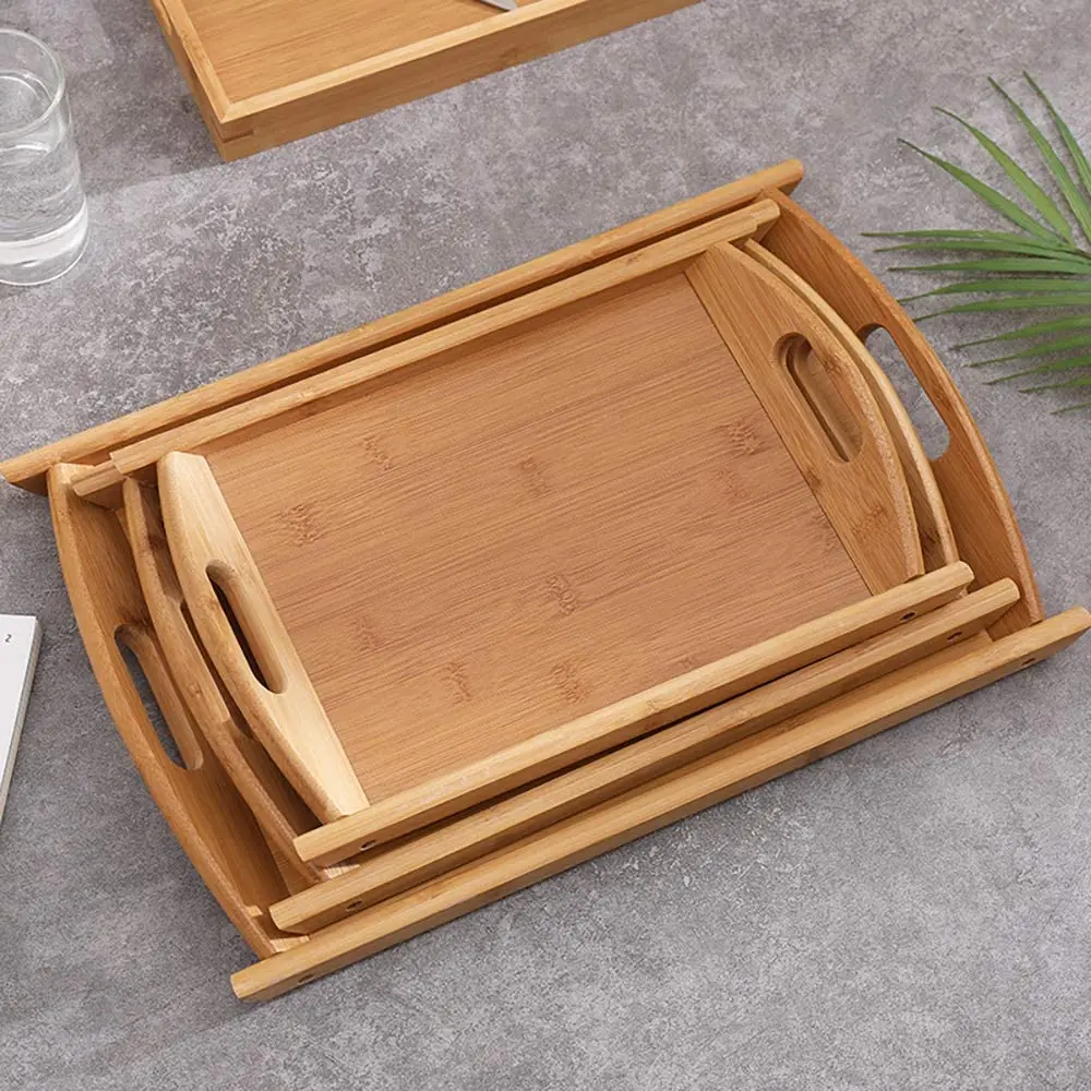 
Factory Cheap Rectangle Bamboo Serving Tray Set of 3 with Handles for Kitchen 