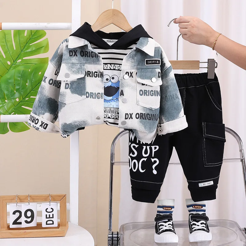 Осенний костюм для мальчиков 1-2-3 лет красивая одежда с рюшами 100% хлопковый комплект из трех предметов капюшоном и принтом в клетку